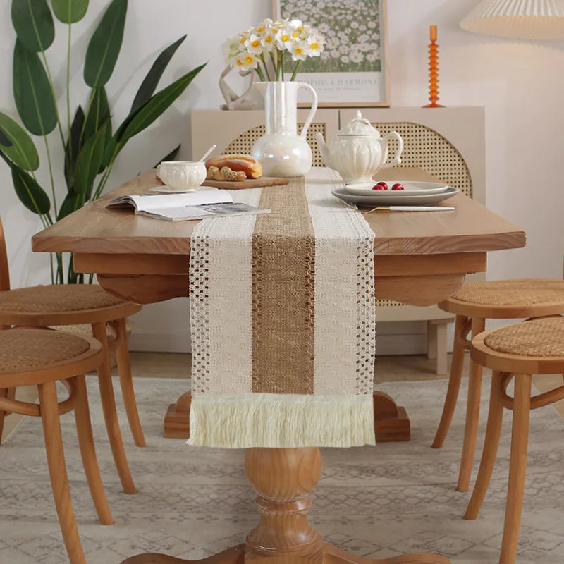 30*180CM Boho Macrame Table Runner ,Cotton Linen Bicolor Stitching Tassel Table  Cloth For Farmhouse Wedding Dining Table Decor