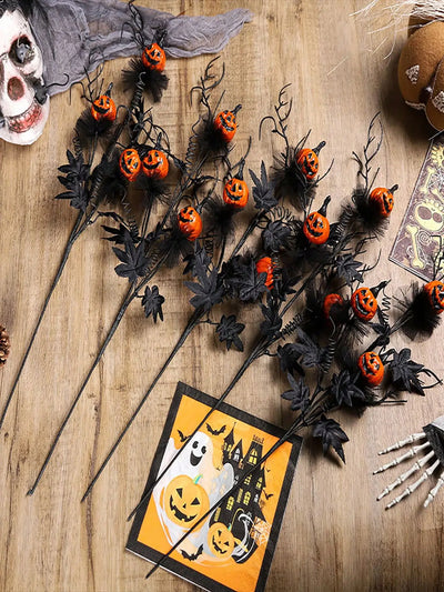 Halloween Decorations, 18.5Inch Artificial Pumpkin Maple Leaf Floral Stems Decoration black scary pumpkin bouquet