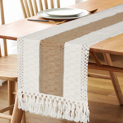 Linen Boho Macrame Table Runner
